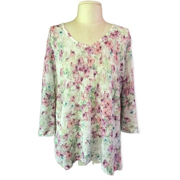 J. Jill Sweater Womens Medium Pink Floral Linen Blend Lightweight 3/4 Sleeves - Picture 1 of 11